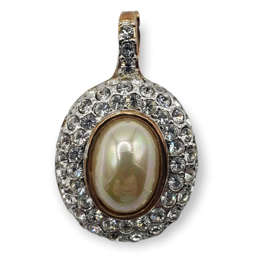 Roman Vintage pendant faux pearl 3 rows of rhinestones gold tone clip closure - Picture 5 of 7